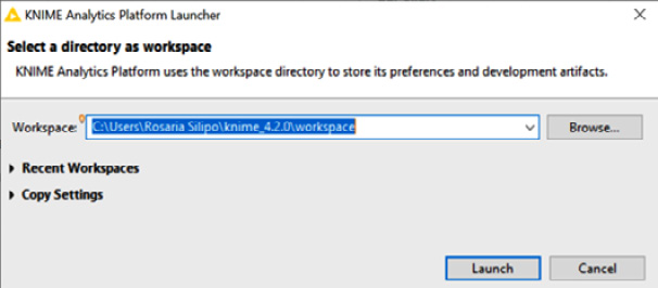 Figure 1.3 – The KNIME Analytics Platform Launcher window asking for the workspace folder