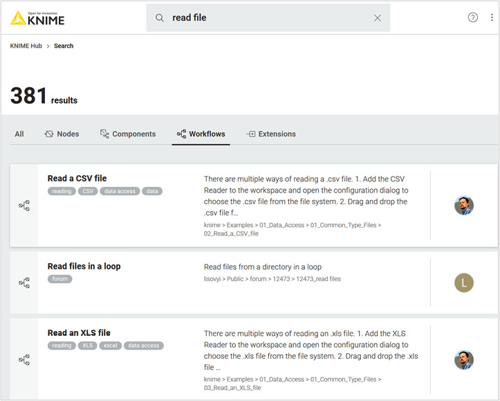 Figure 1.6 – Resulting list of workflows from searching for "read file" on the KNIME Hub
