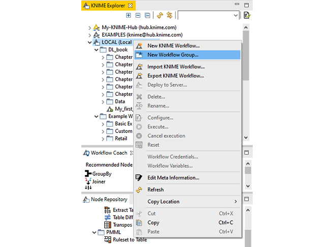 Figure 1.7 – Context menu for creating a new folder and a new workflow in KNIME Explorer
