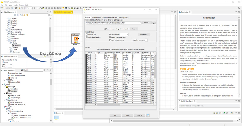 Figure 1.9 – Dragging and dropping the adult.csv file onto the Workflow Editor panel.