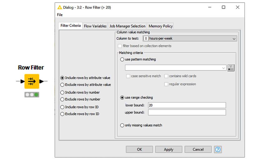 Figure 1.11 – Configuring the Row Filter node to keep only rows with hours-per-week > 20 in the input data table