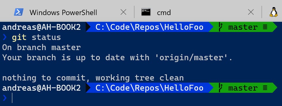 Figure 1.18 – Windows Terminal with Git support enabled
