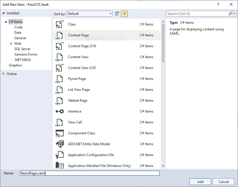 Figure 3.1: Adding a XAML page