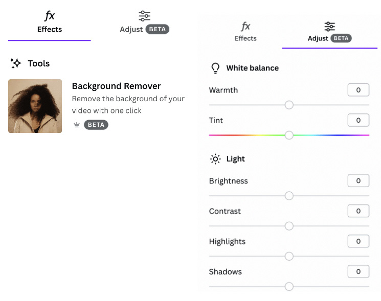 Figure 10.22 – The Effects and Adjust tabs for videos