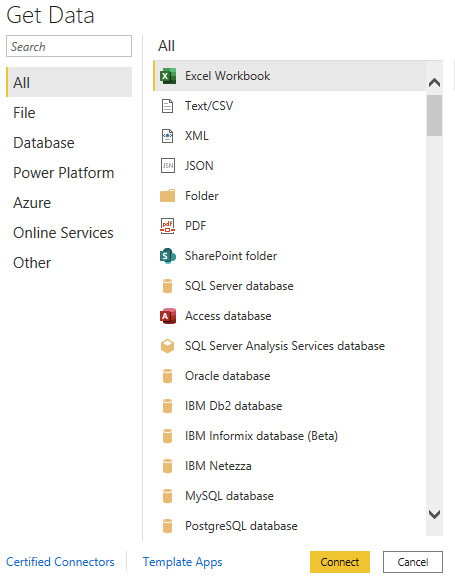 Figure 2.2 – Get Data All connectors view in Power Query Desktop