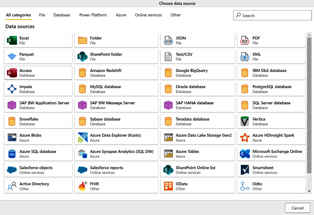 Figure 2.3 – Get Data All categories view in Power Query online