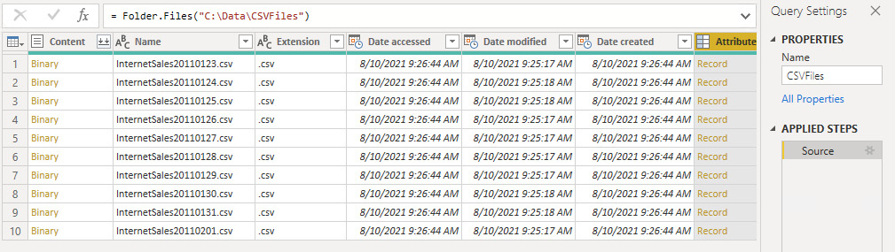 Figure 2.25 – List of files in the Power Query view