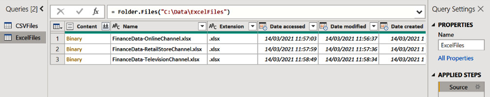 Figure 2.29 – List of Excel files in the Power Query interface
