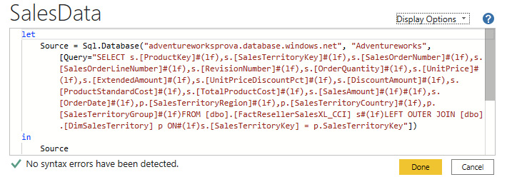 Figure 2.40 – Advanced Editor code for a SalesData query