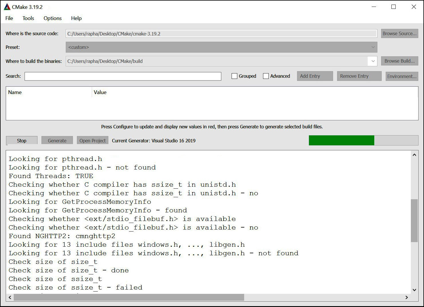 Figure 1.4 – The CMake GUI – the configuring stage for a buildsystem using a generator for Visual Studio 2019
