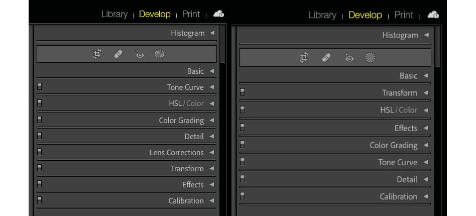 Figure 1.22 – Default Module Picker layout on the left and customized version on the right
