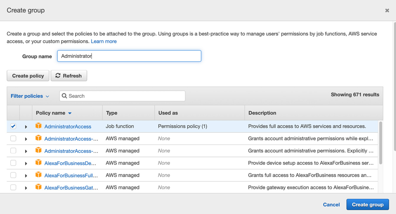 Figure 1.4 – Creating an IAM group with AdministratorAccess
