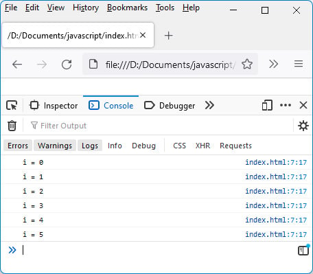 Figure 1.16 – Displaying numbers from 0 to 5 in the browser console
