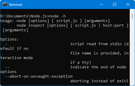 Figure 1.3 – node -h command that displays help
