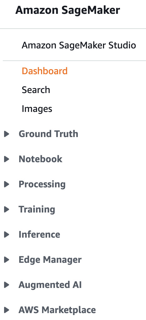 Figure 1.2 – Navigation pane in the SageMaker console
