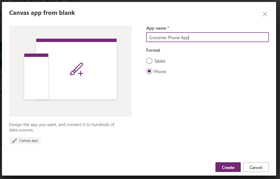 Figure 2.15: The Canvas app from blank dialog box