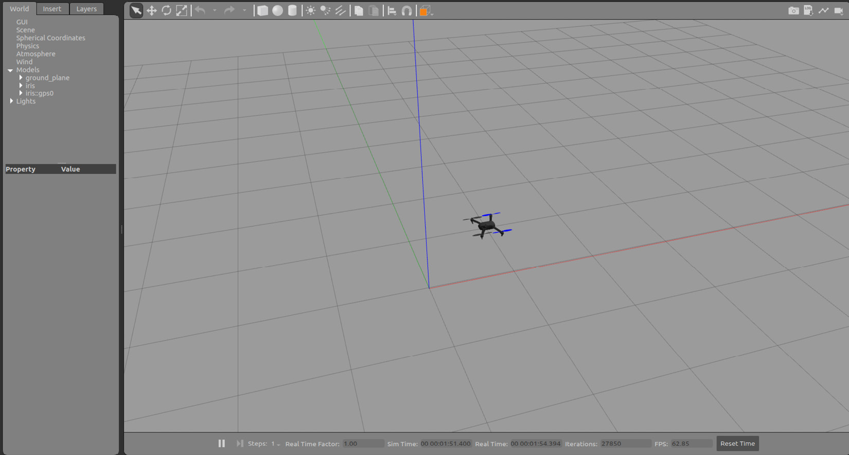 Figure 8.2 – 3DR IRIS quadrotor simulated in Gazebo with the PX4 control stack
