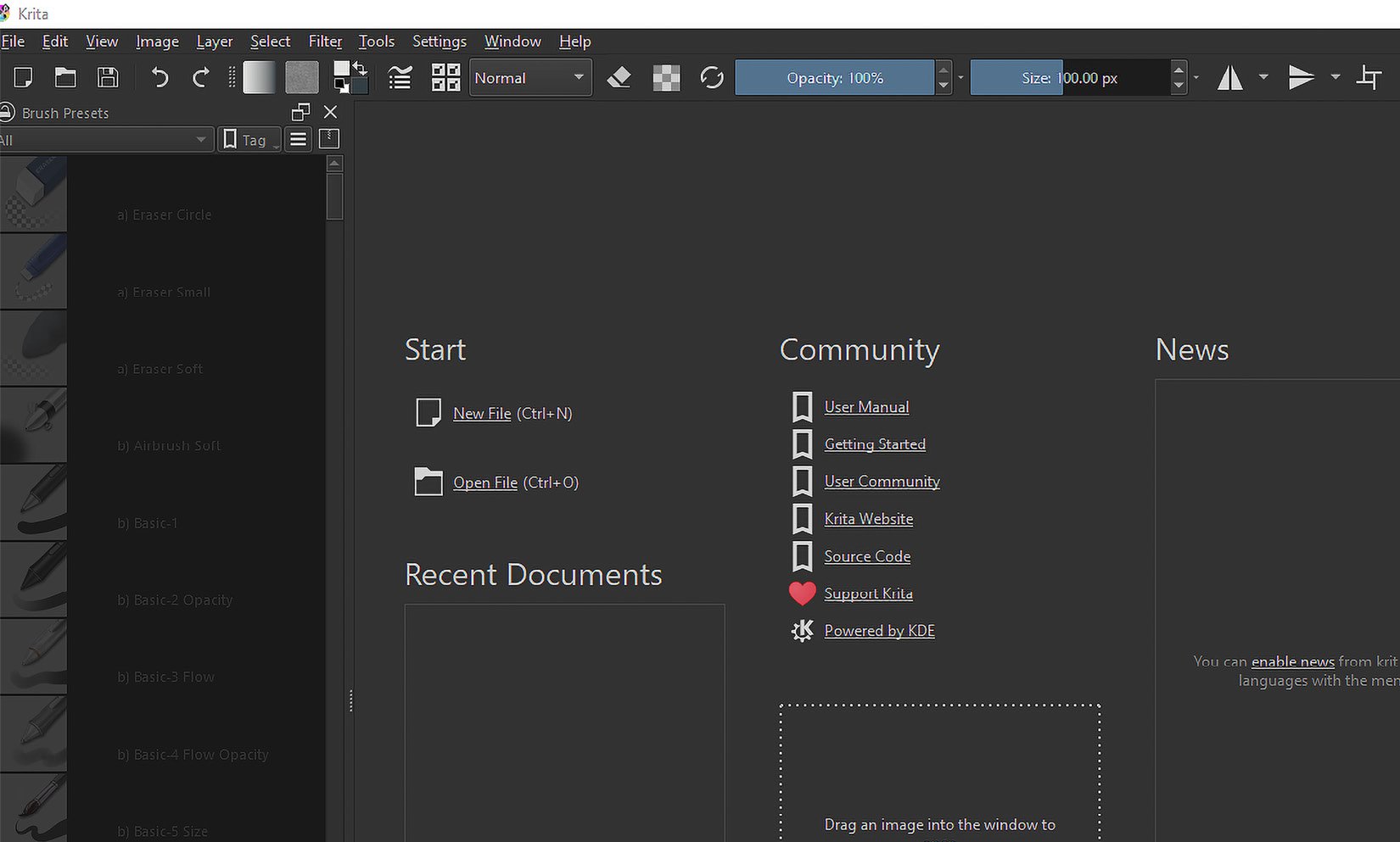 Figure 1.10 – My default Krita startup screen from a fresh installation (Krita 5.0 beta)
