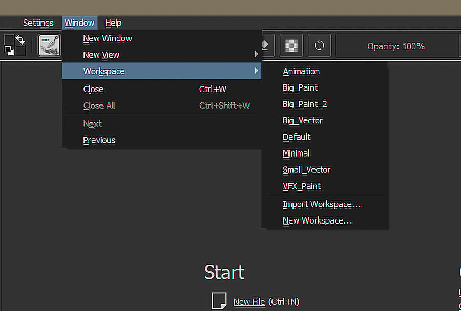 Figure 1.16 – Krita's workspace selection menu, showcasing various workspace layout options
