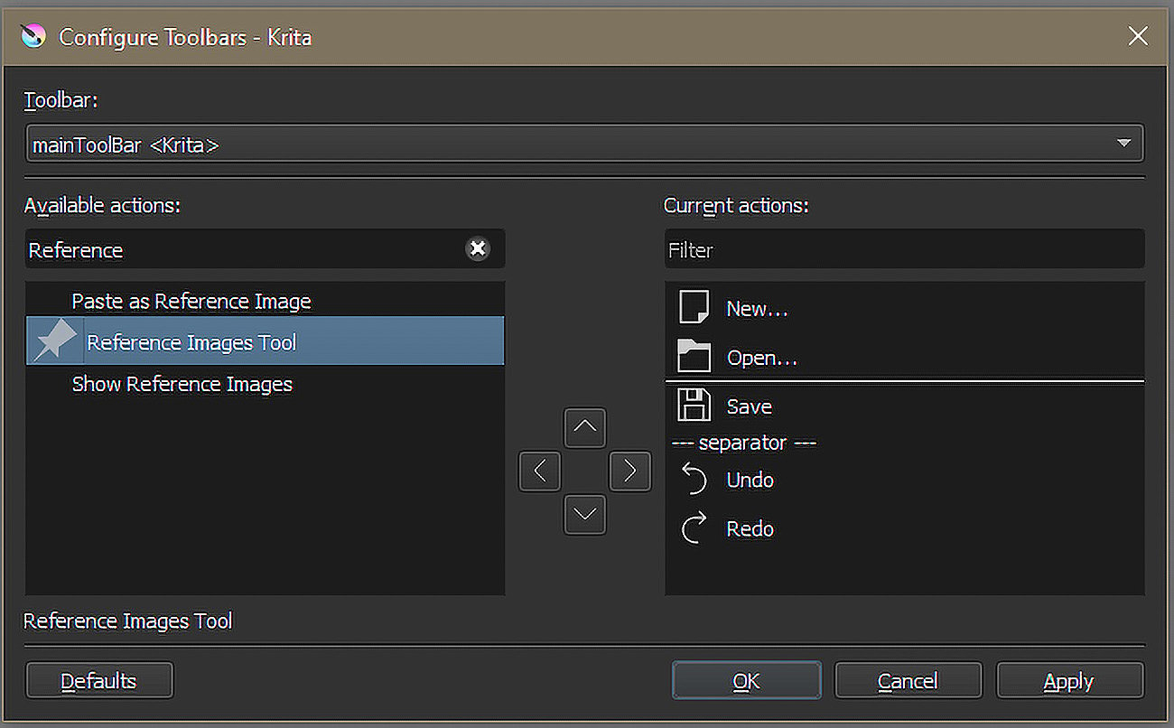 Figure 1.19 – Getting our Reference Images Tool shortcut configured in our custom toolbar
