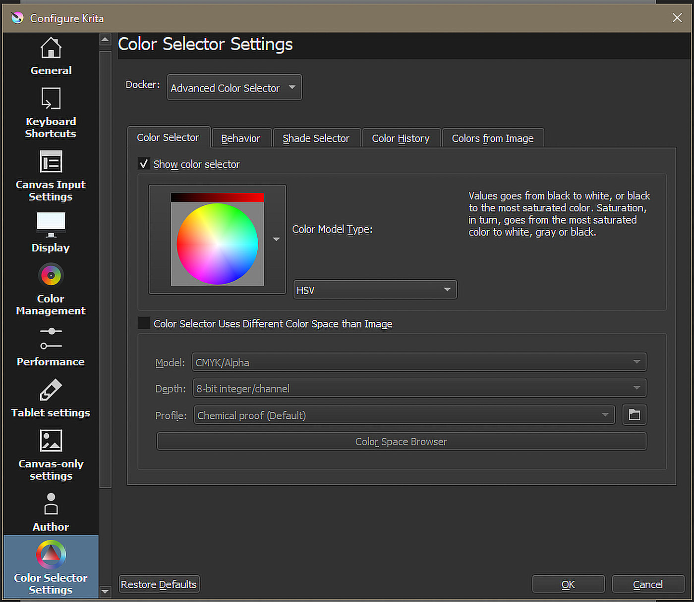 Figure 1.22 – The Color Selector Settings panel
