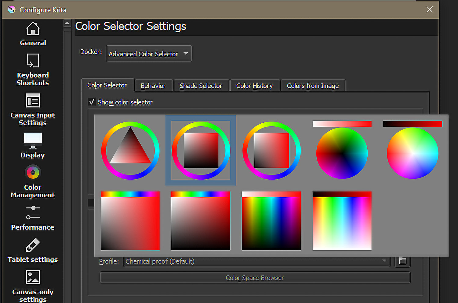 Figure 1.23 – The full range of color wheels available in Krita
