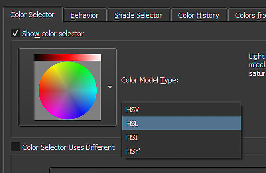 Figure 1.24 – The color mode hue/saturation format selector
