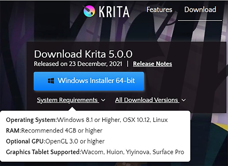 Figure 1.3 – The Download Krita page as of Krita 5.0
