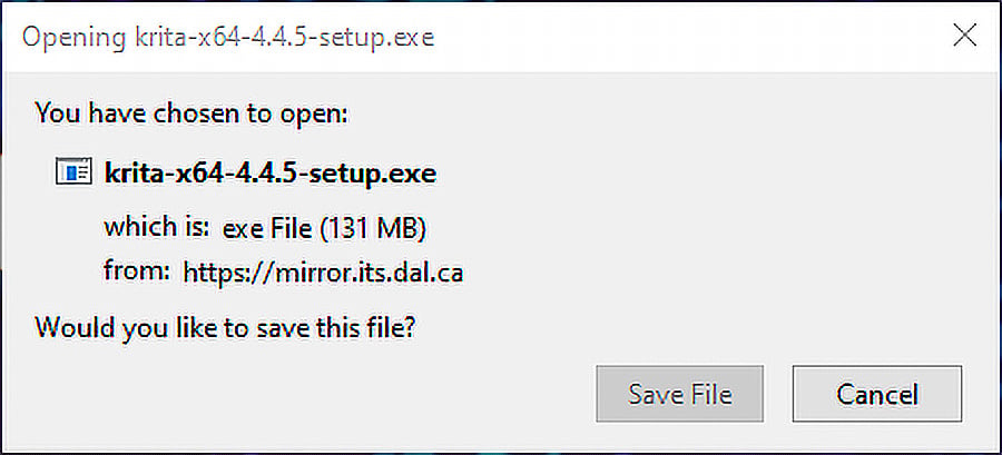 Figure 1.4 – The Save File prompt for the Krita installer version 4.4.5
