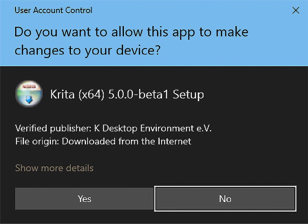 Figure 1.5 – The Windows User Account Control permission prompt for Krita 5.0 (beta)
