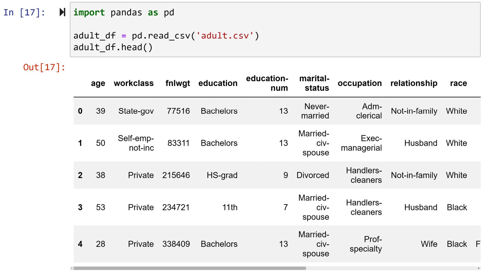 Figure 1.12 – Reading the adult.csv file using pd.read_csv() and showing its first five rows
