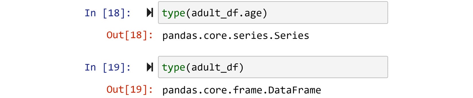 Figure 1.13 – Checking the type of adult_df and adult_df.age
