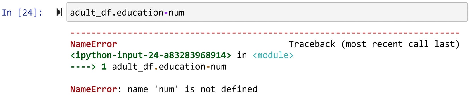 Figure 1.16 – Running adult_df.education-number and its error
