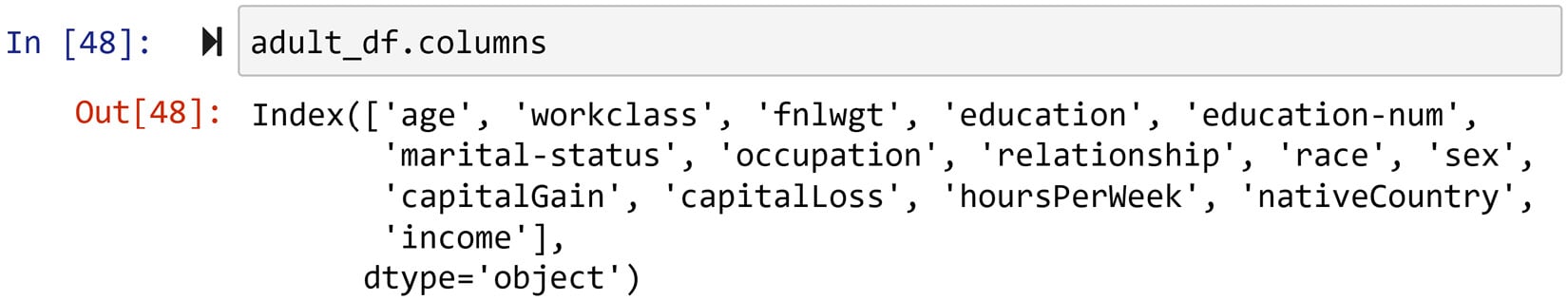 Figure 1.29 – Example of using the .columns property of a DataFrame to get to know the dataset
