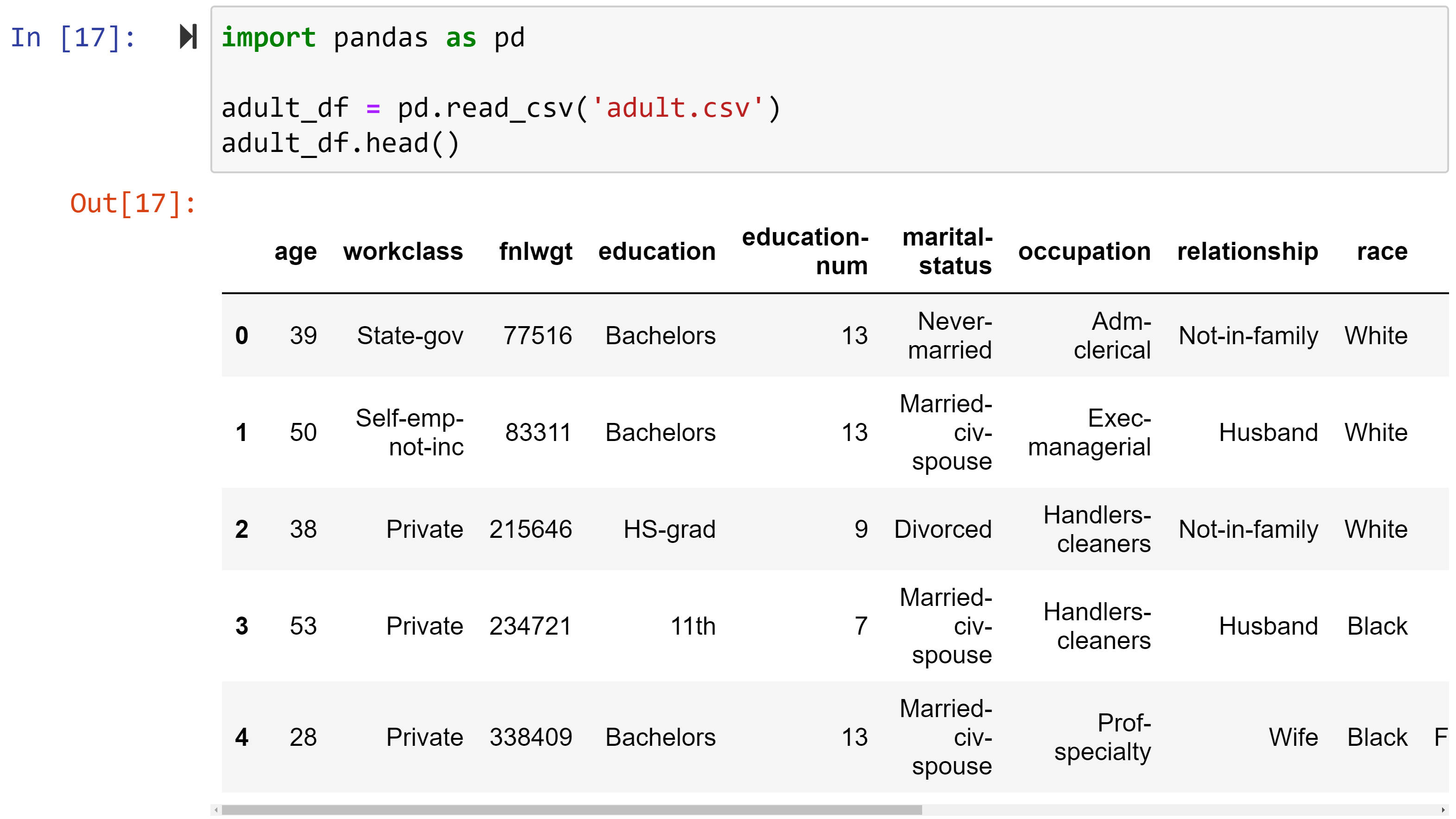Figure 1.12 – Reading the adult.csv file using pd.read_csv() and showing its five first rows