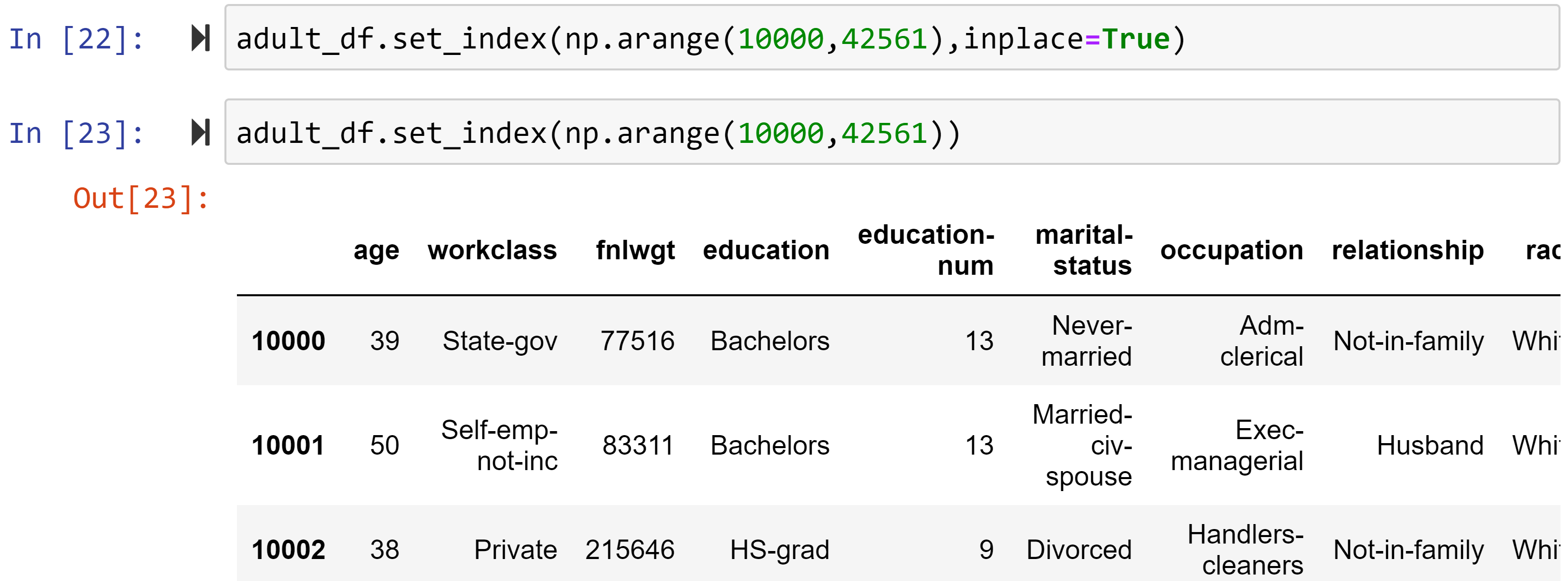 Figure 1.15 – Updating the index of adult_df as described