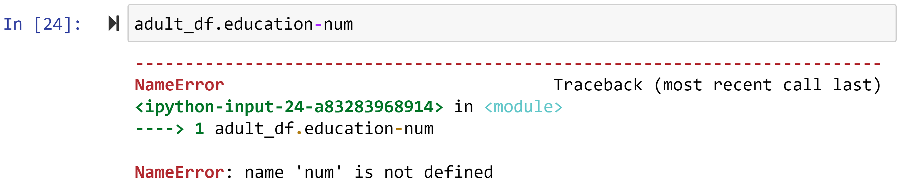 Figure 1.16 – Running adult_df.education-number and its error