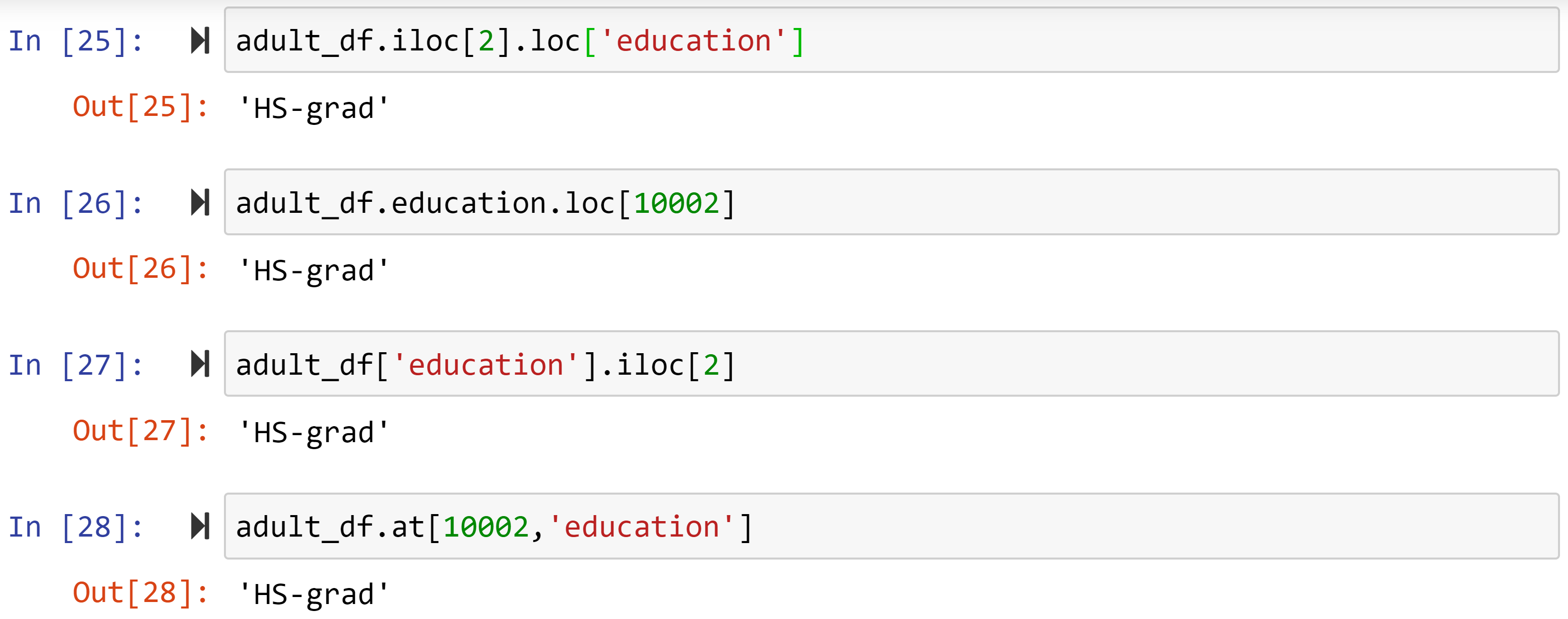 Figure 1.17 – Four different methods of accessing the records of a pandas DataFrame
