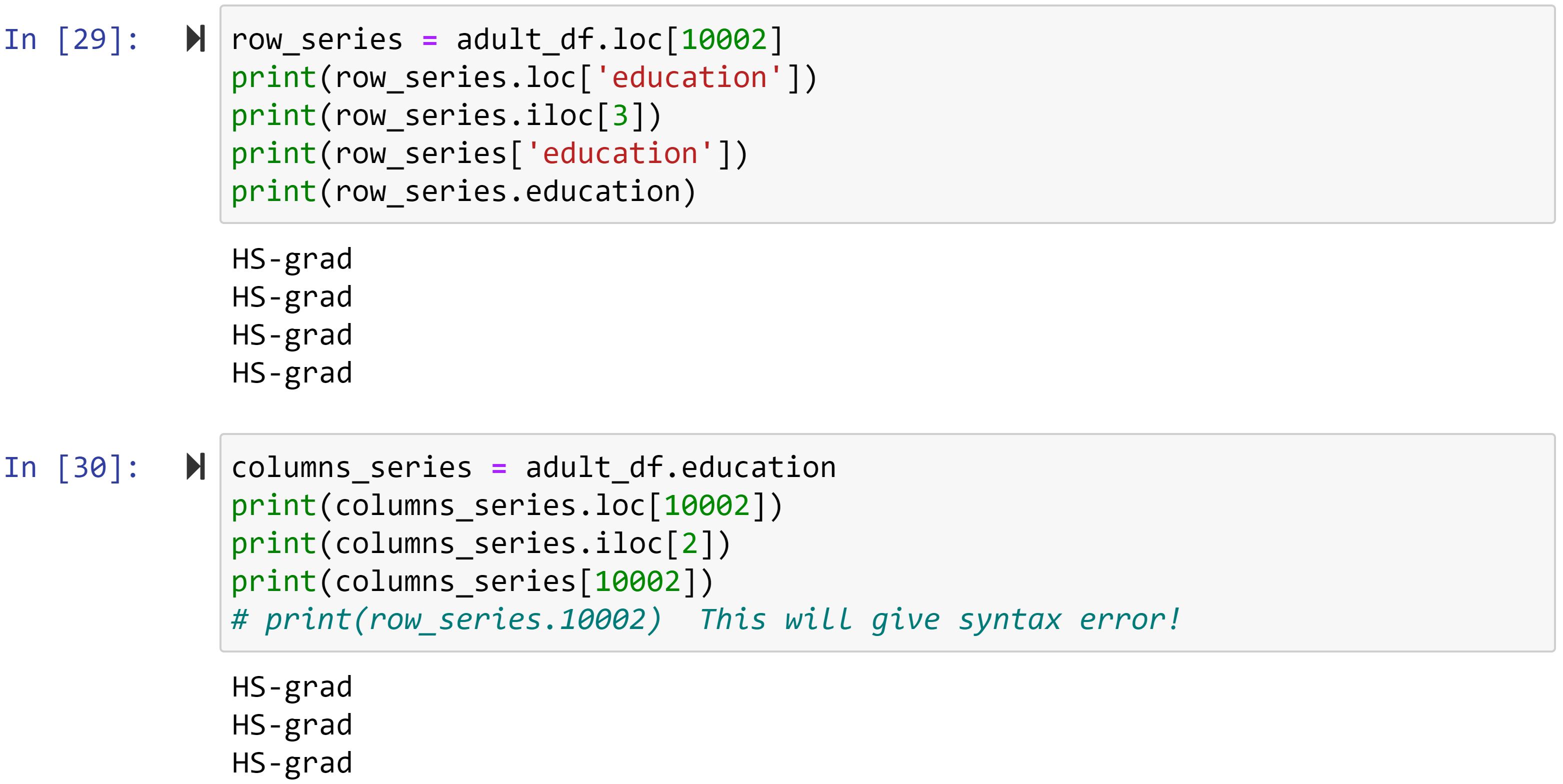 Figure 1.18 – Different methods of accessing the values of a pandas series
