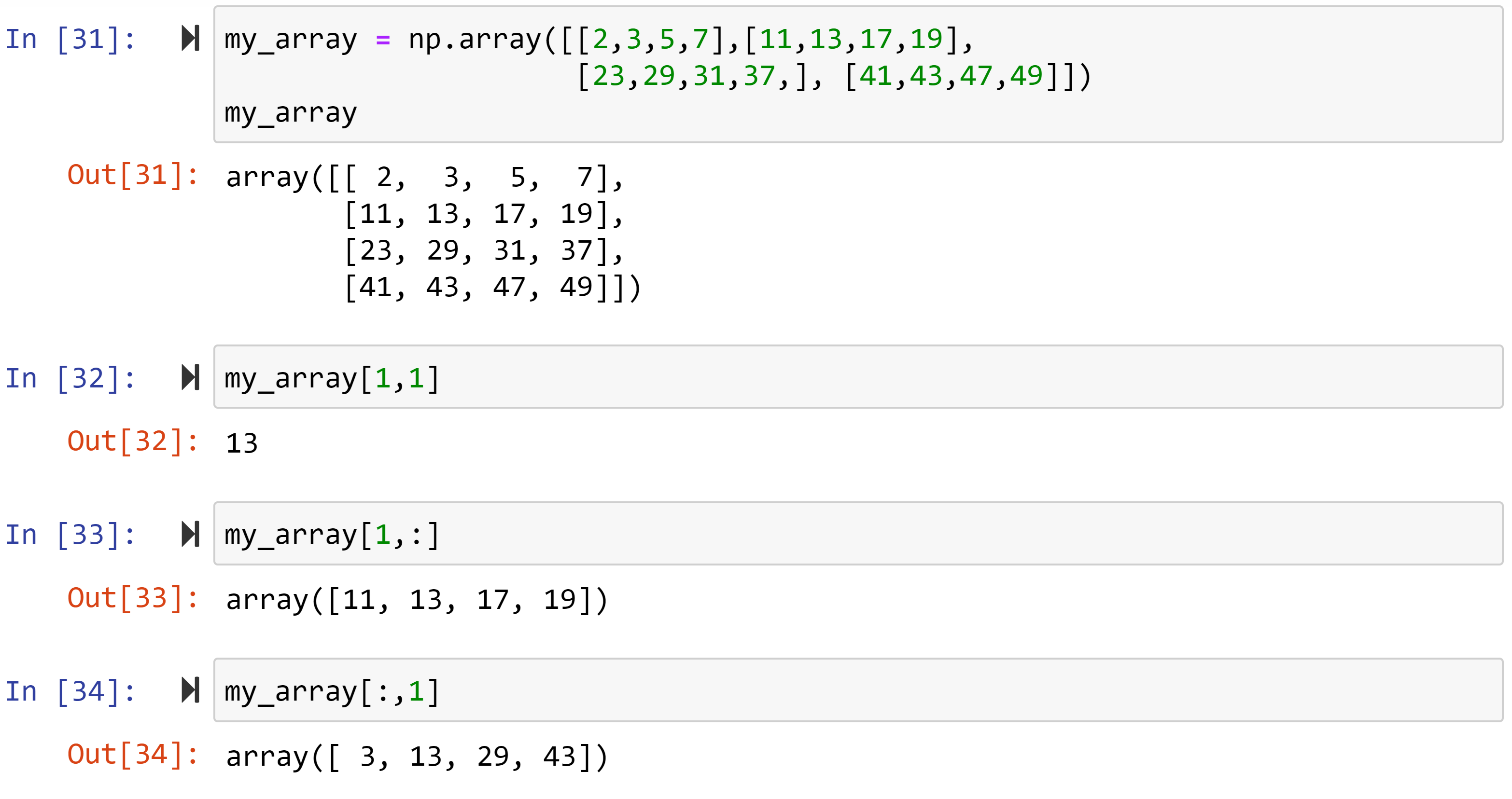 Figure 1.19 – Examples of slicing NumPy arrays