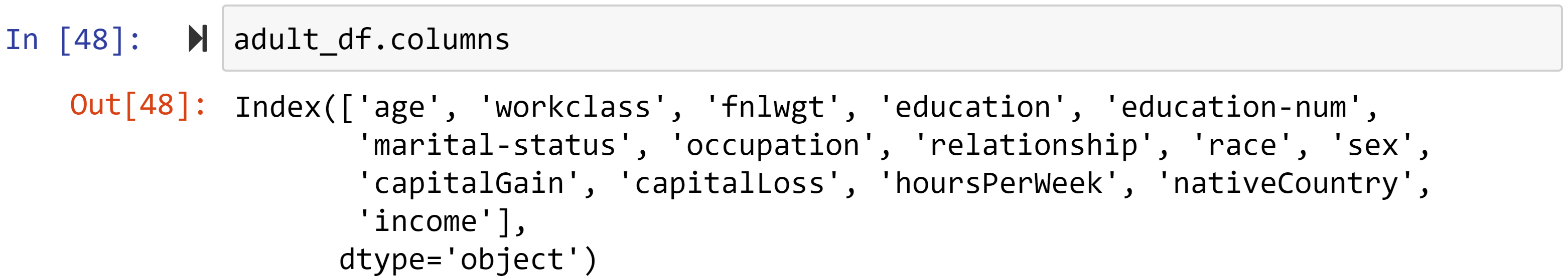Figure 1.29 – Example of using the .columns property of a DataFrame to get to know the dataset