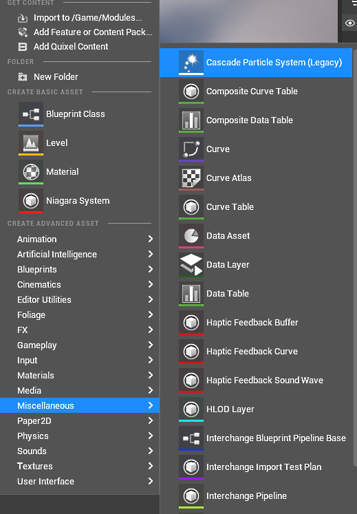 Figure 1.4: Creating a new Cascade particle system in Unreal 5.1
