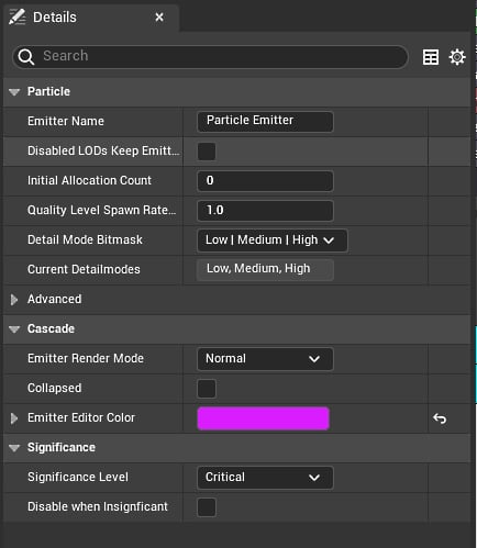 Figure 1.10: The Details panel in the Cascade Editor
