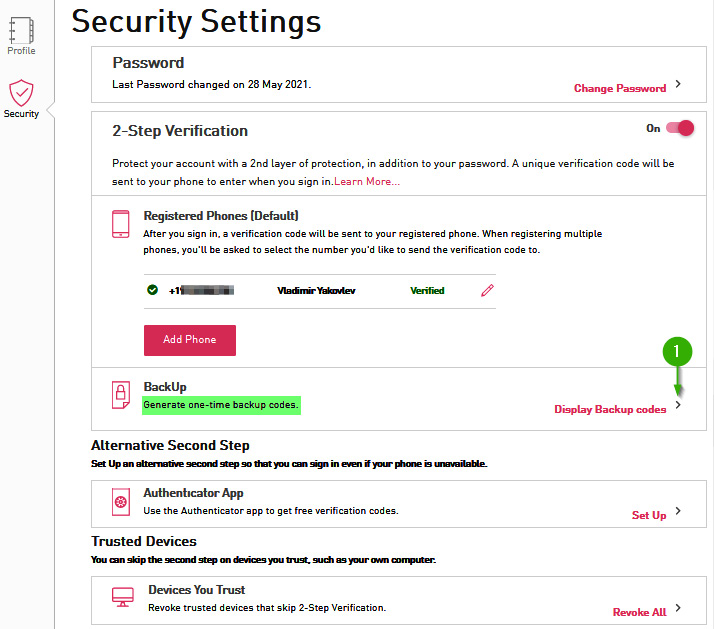 Figure 1.15 – Backup codes for 2FA
