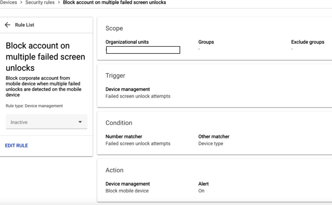 Figure 4.23 – Rule to block an account on multiple failed screen unlocks on a mobile device