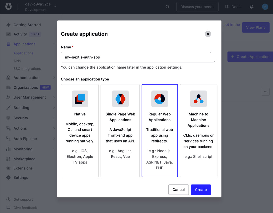 Figure 12.4 – Creating a new Auth0 application
