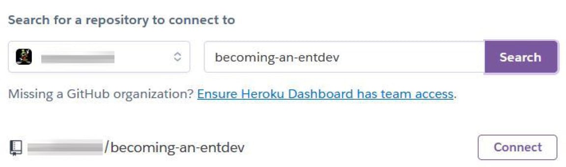 Figure 1.11 – Linking an external GitHub repository to Heroku
