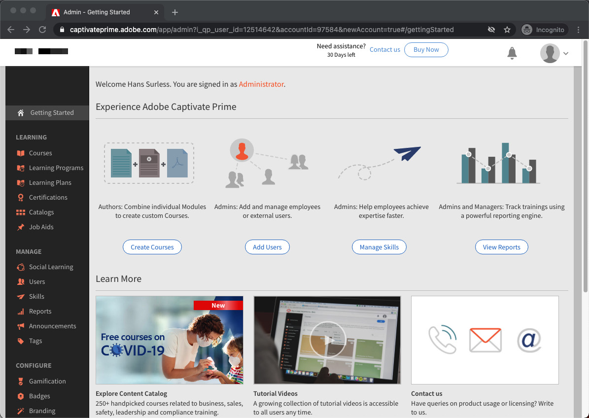 Figure 1.1 – Your first look at the Captivate Prime admin interface