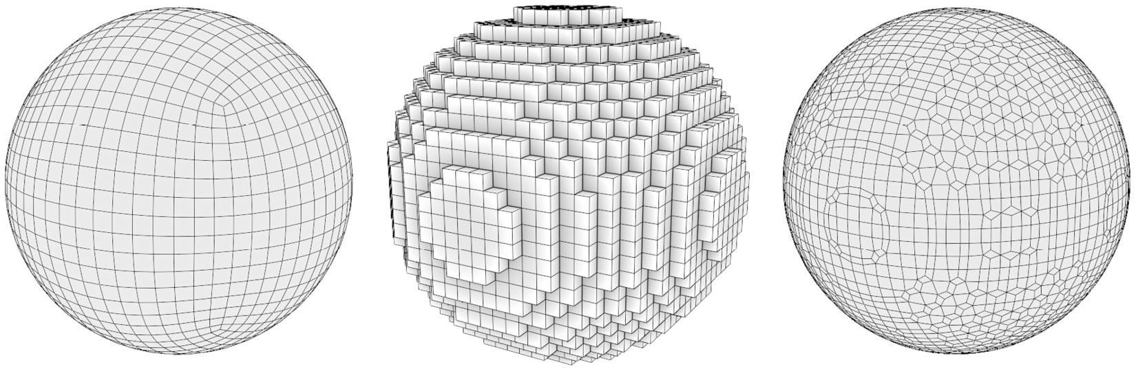 Figure 2.12 – The original Quad Sphere on the left-hand side, converted into voxels in the middle, and smoothed out into a new sphere-shaped mesh on the right-hand side
