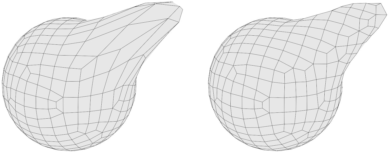 Figure 2.19 – The wireframe of the sphere before and after voxel remeshing a second time (this diagram has been simplified for better visibility in this book)
